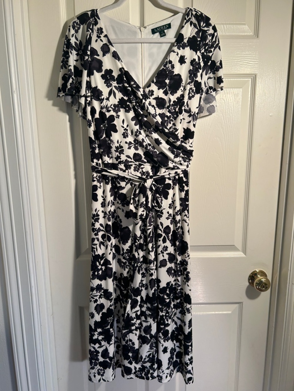Lauren Ralph Lauren White Midi Dress with Black Floral Print size 12